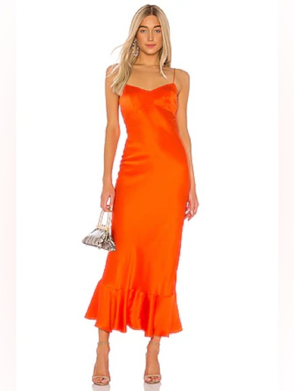 NWT Saloni Mimi B Orange Silk Slip Midi Dress with Ruffle Hem US 8